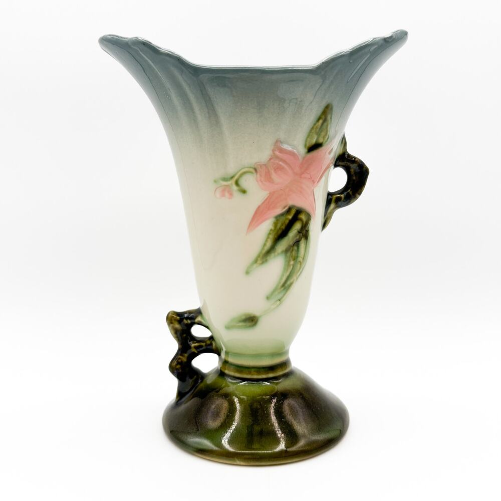 Hull Pottery Woodland Vase | Blue and Green Floral High Gloss ~8" | Vtg 1950s